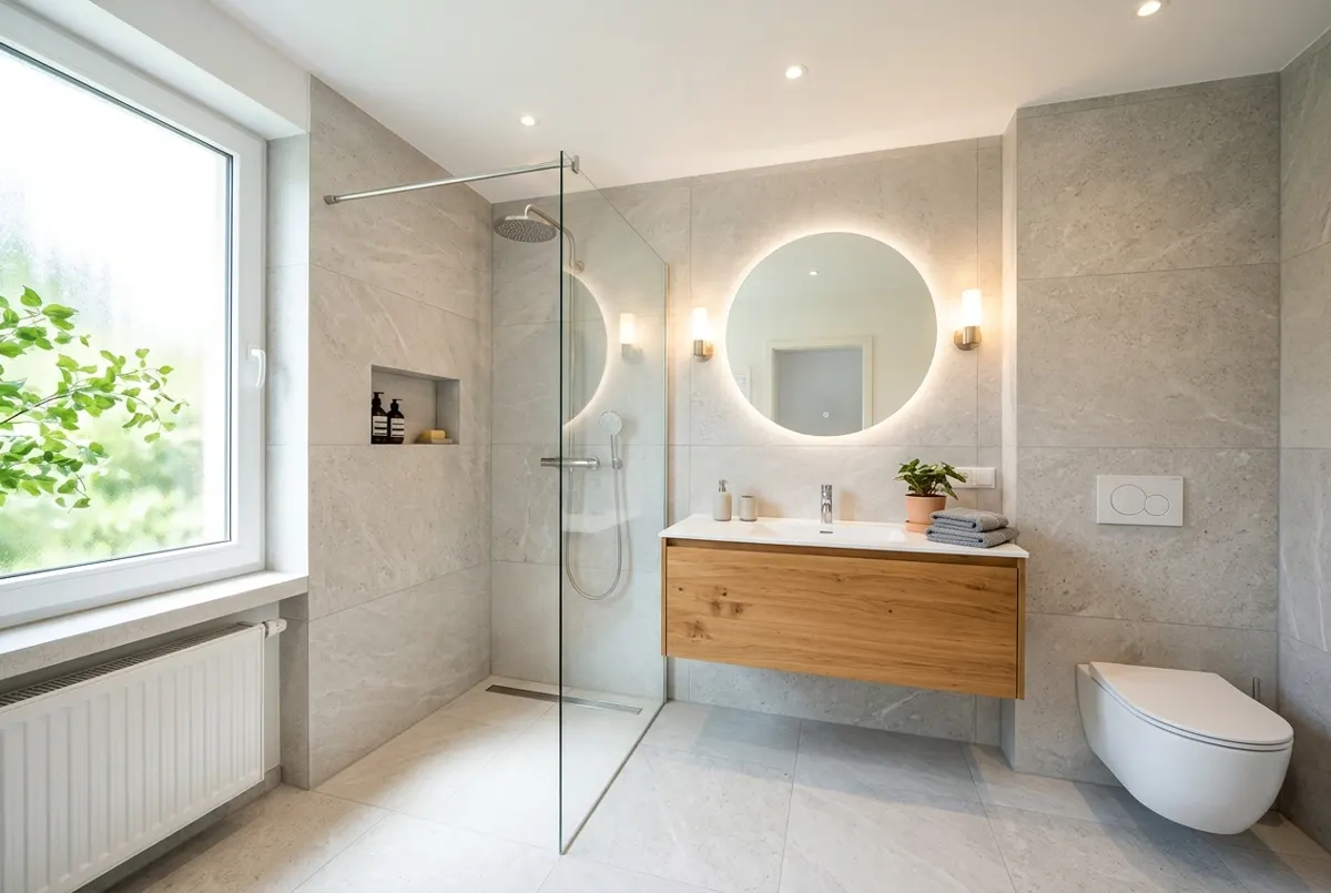 Renoviertes modernes Badezimmer mit großformatigen Fliesen und bodengleicher Dusche