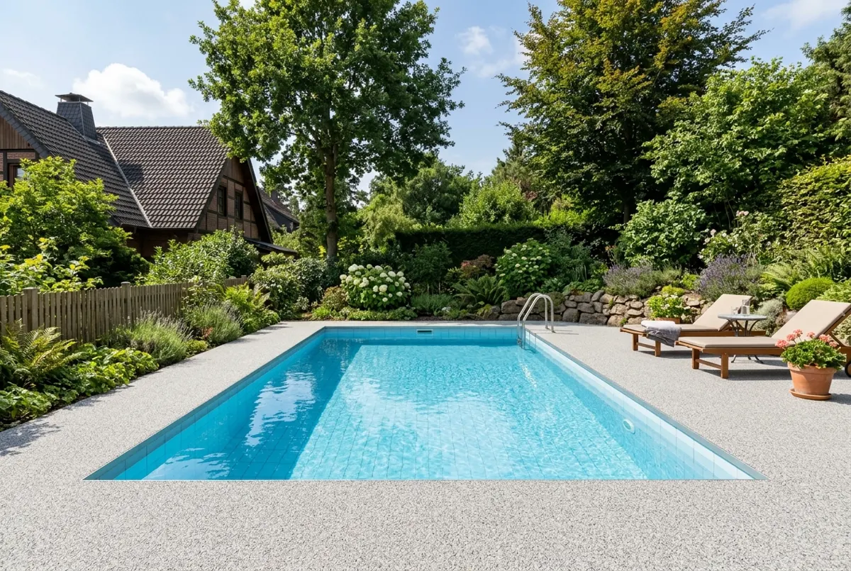 Schwimmbad-Umrandung mit hellgrauem Steinteppich