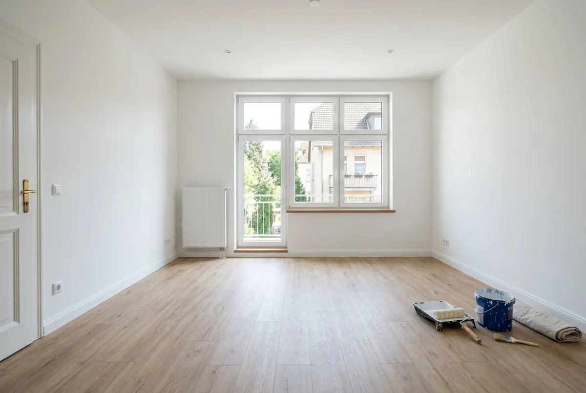 Frisch gestrichener Wohnraum mit neuem Vinylboden