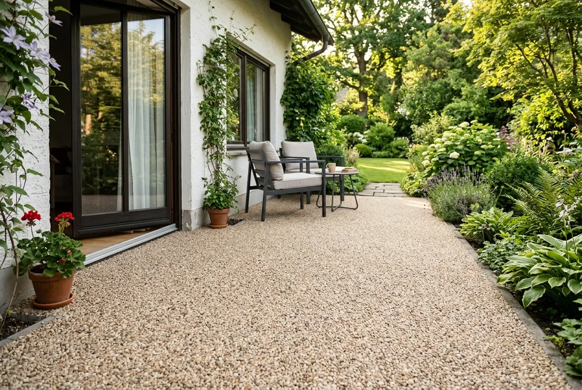 Terrasse mit hellem Steinteppich